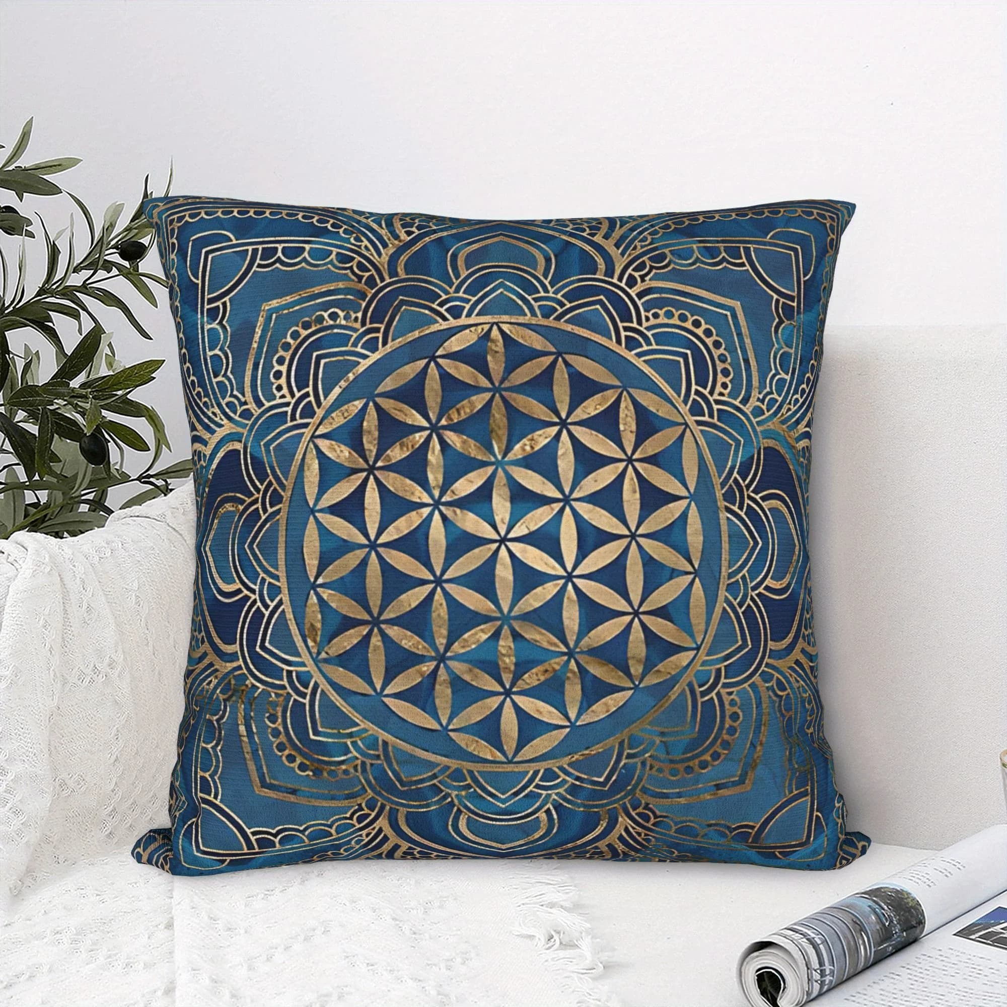 1pc 2D Flat (Pillow Not Included) Blue Gold Mandala Flower of Life Pillow Cover Yoga Meditation Decor Soft Plush Cushion Case