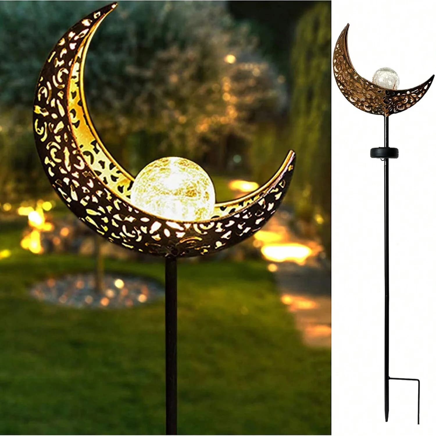 Luci solari da giardino Decorazioni per esterni, Luci in vetro craquelé con fata lunare, Ornamento con palo in metallo a LED bianco caldo, Regalo unico per il giardinaggio
