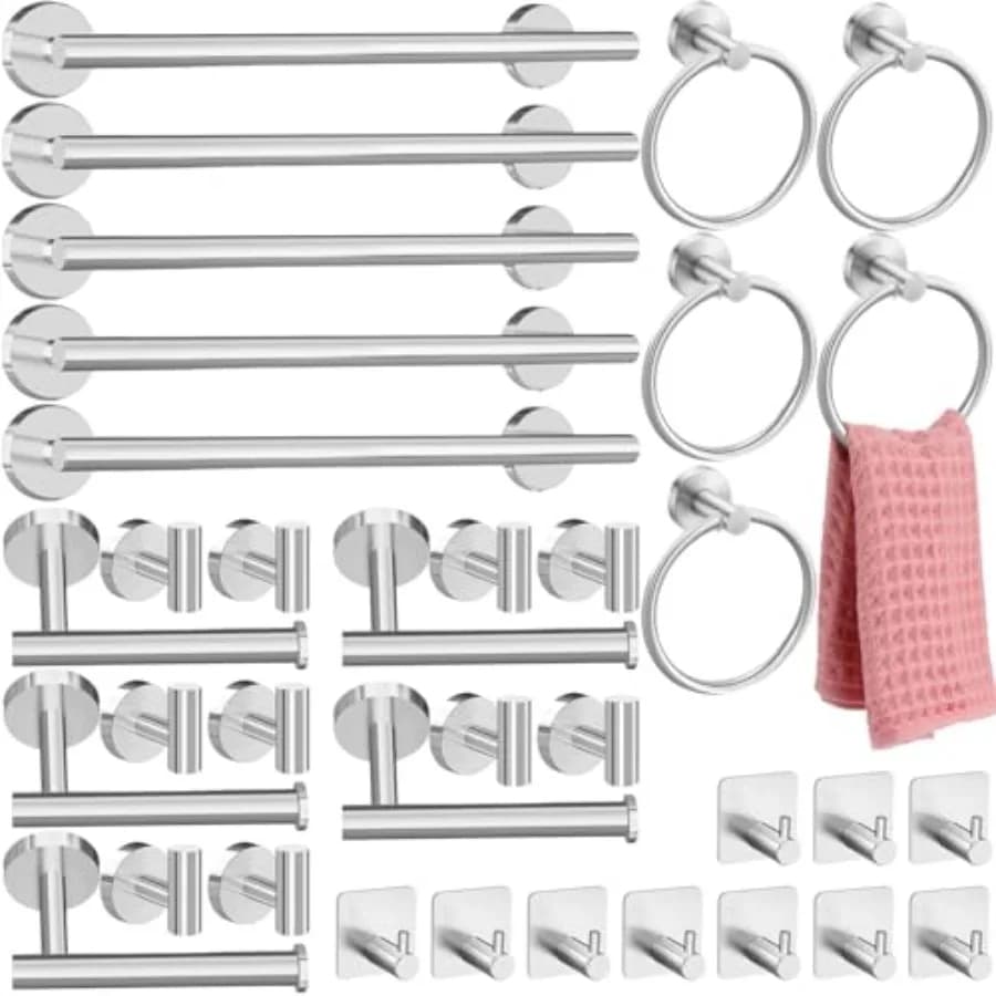 Set di 35 Accessori per Bagno in Acciaio Inossidabile, Include Portasciugamani da 16'', Anelli Portasciugamani, Ganci per Accappatoi, Accessori per Toilette