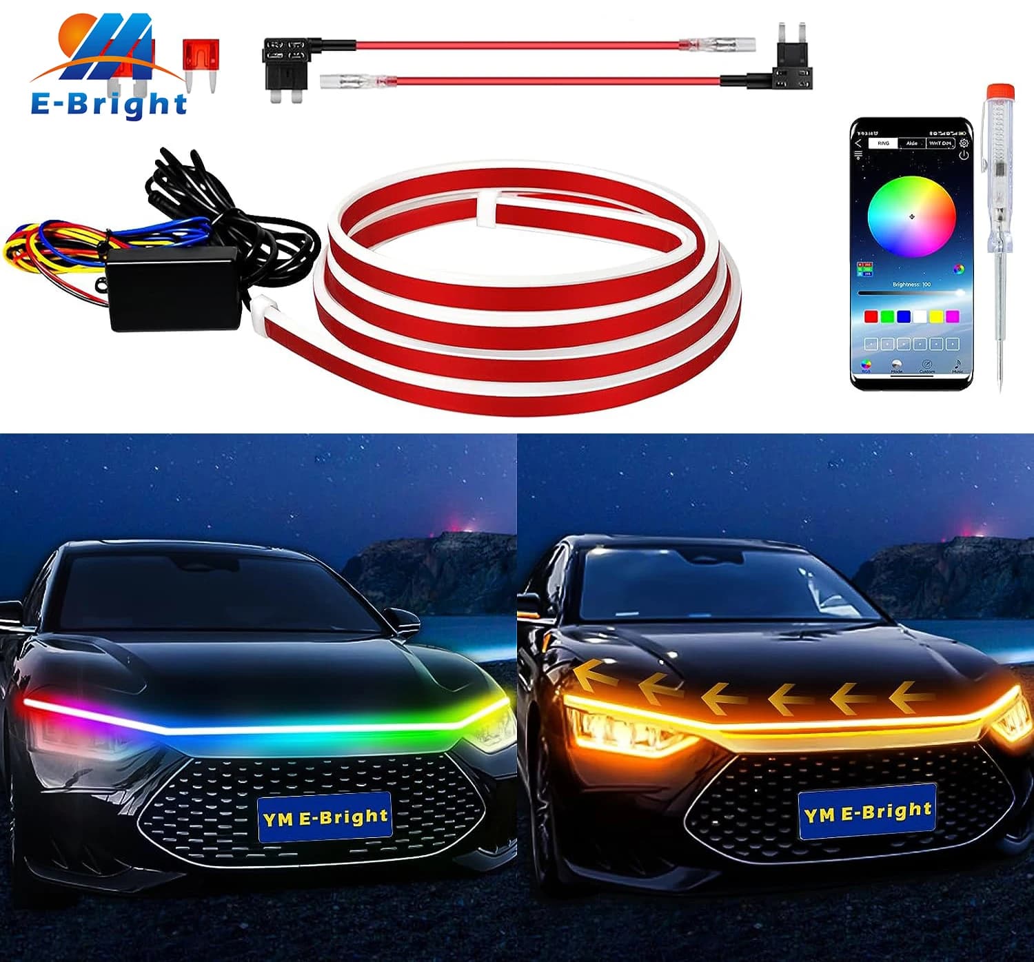 RGB LED strip for car hood 60in 70in White Red Green Yellow for car engine cover hood with dynamic scan and boot 12V 1 pc