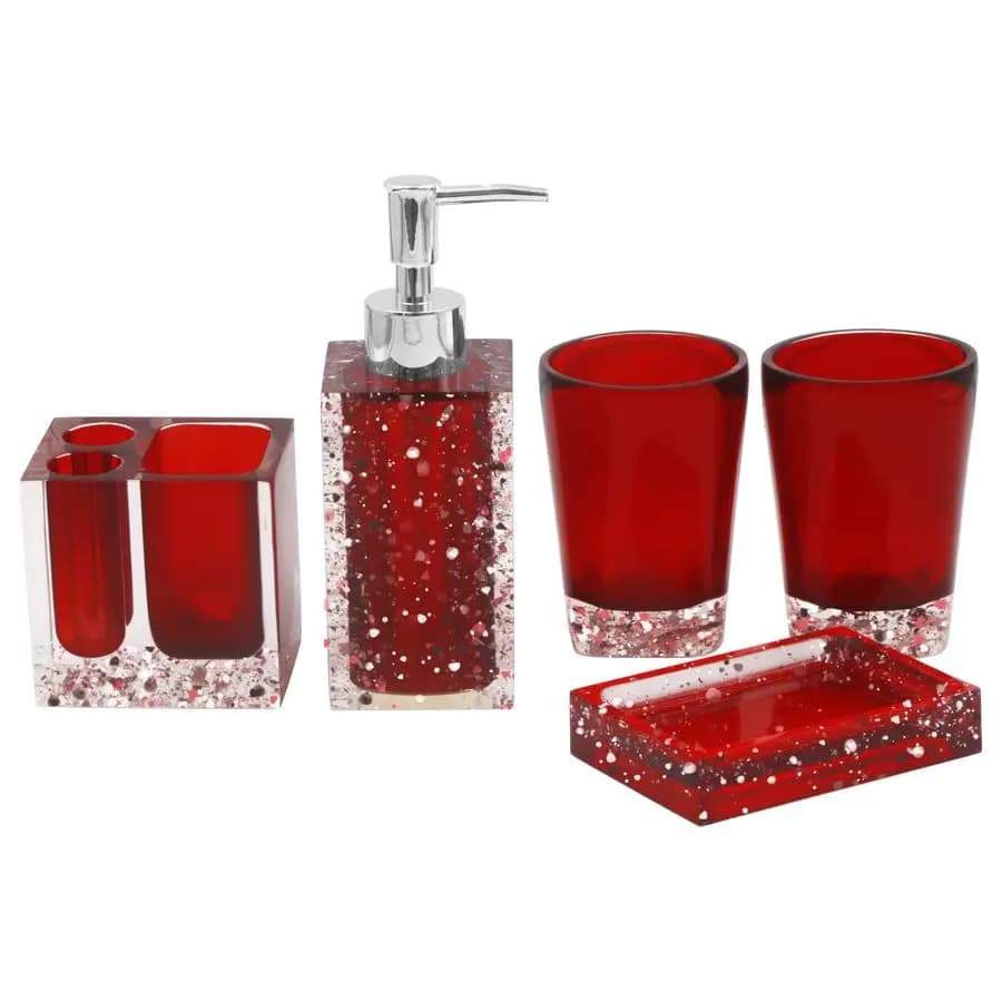 Set di accessori da bagno in resina da 5 pezzi con portasapone, dispenser, portaspazzolino e bicchiere, rosso