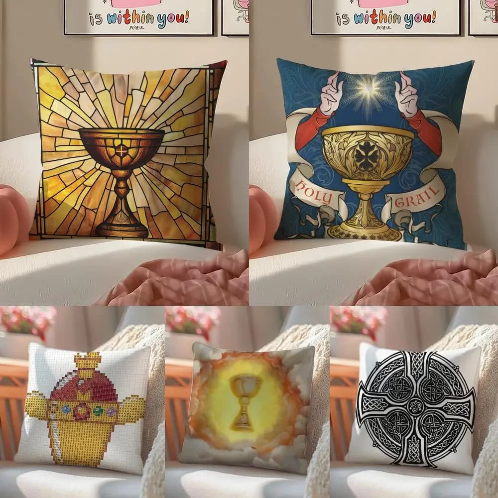 Holy Grail Pattern Pillow Religious Art Cushion Cover Linen Pillowcase Cover Soft Decor for Sofa Home Room