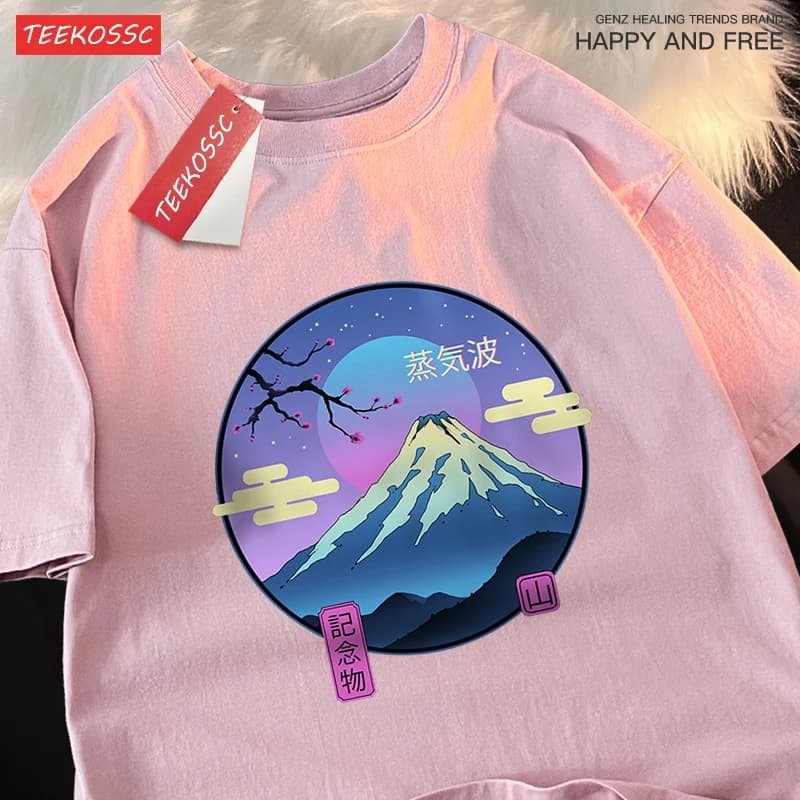 Maglietta maschile giapponese Harajuku Sakura Mount Fuji maglietta allentata maglietta estiva in cotone Hip Hop maglietta Casual girocollo oversize