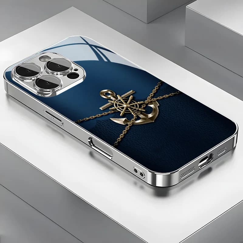 Metal Boat Anchor Personalized Pattern Electroplated Glass Phone Case, Suitable For IPhone 11/12/13/14/15/16/17/18 Plus Pro Max