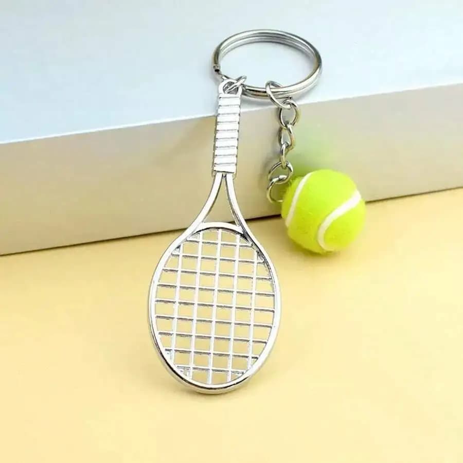 Metal Tennis Racket Keychain With Plush Tennis Ball Pendant Sports Souvenir Gift For Adults