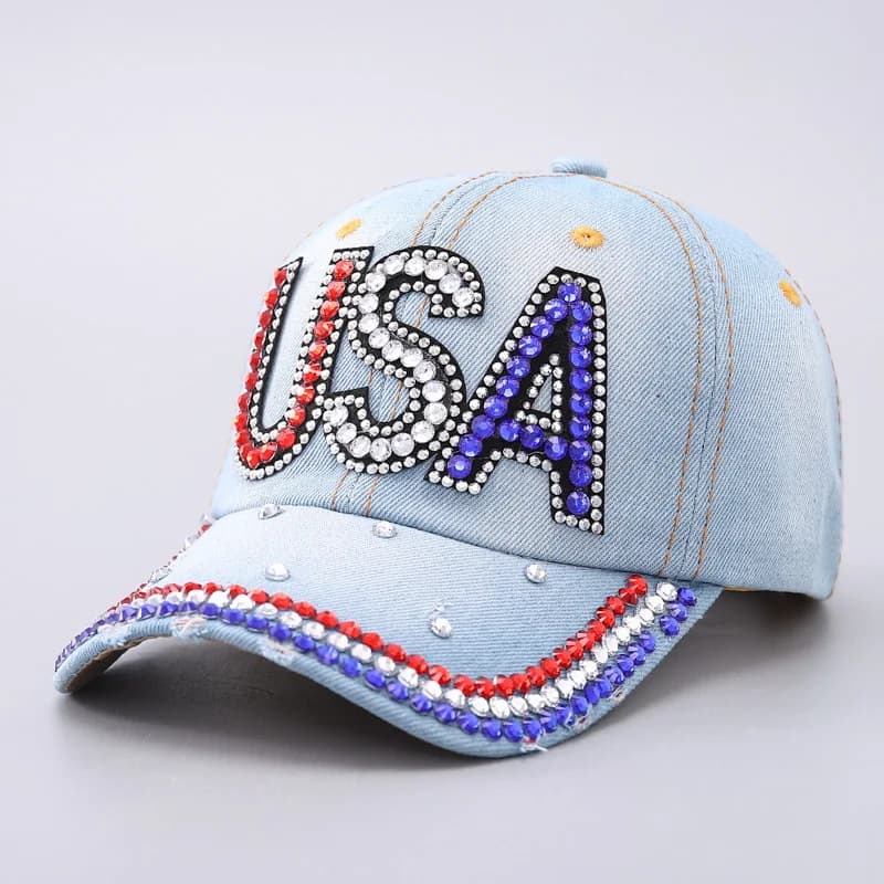 Cappellino da baseball artigianale con strass nel design della bandiera degli Stati Uniti, per celebrare il 250° anniversario, cappello patriottico per donna