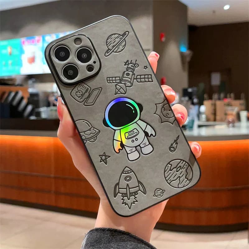 Custodia per telefono con struttura in pelle laser astronauta cartone animato per iPhone 17Air 11 12 13 14 15 16 Pro Max XS X XR 7 8 Plus Cover antiurto