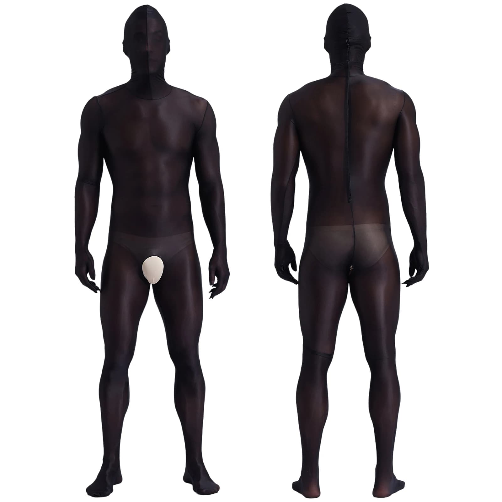 Men's Glossy Bodystocking Full Body Suit See-though Stretch Nylon One Piece Overall Catsuit with Head Mask Underwear Clubwear