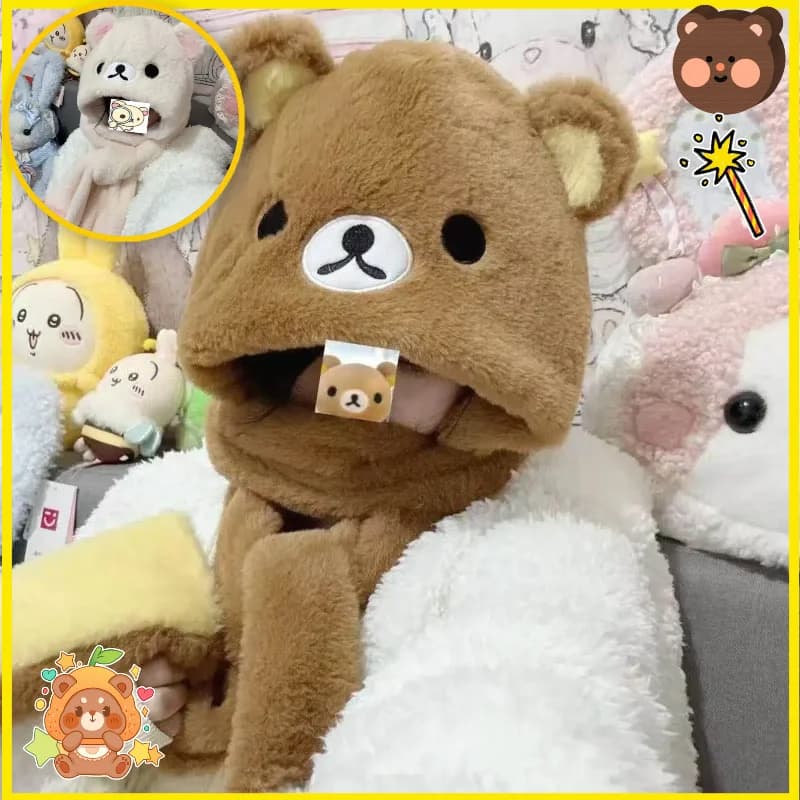 New Rilakkuma Winter Set of Three Pieces Hat Scarf Gloves With Hood Integrated Heat Cold Resistance Cycling Bear Sister Hat Toy