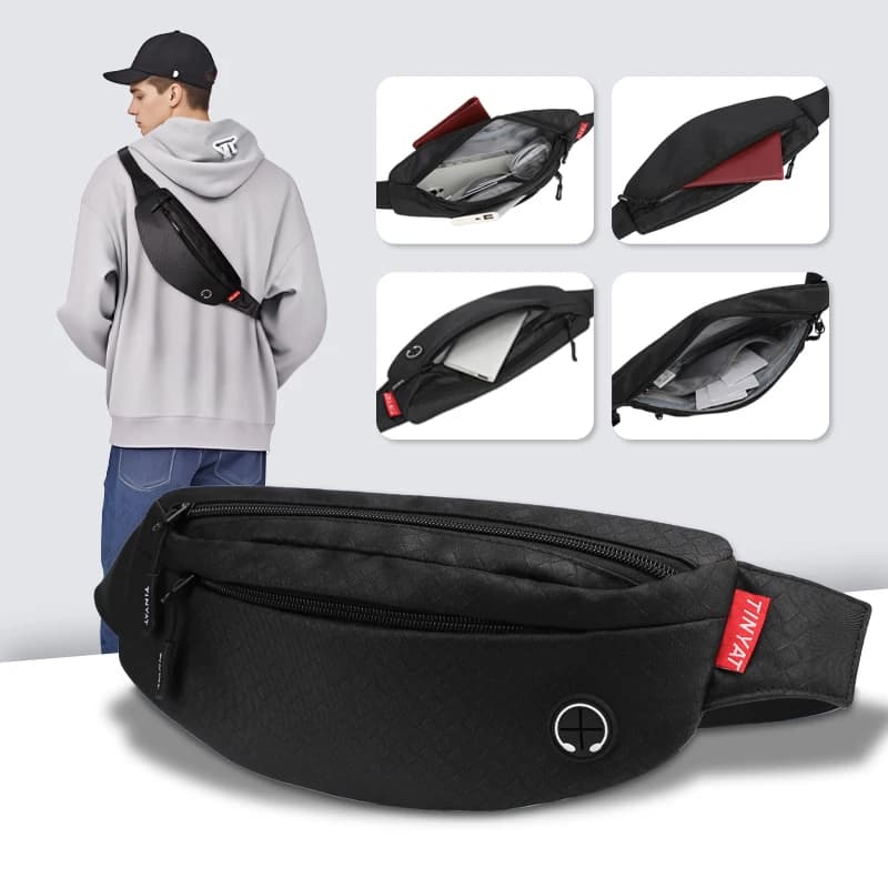 TINYAT Men's Big Waist Waist Bag PU Leather Opaque Old Model Casual Waist Bag Men's Rain Bag Outdoor