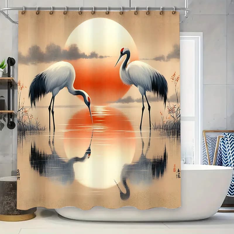 ‌ Elegante tenda da doccia con gru giapponese, decorazione da bagno con tramonto arancione coronato rosso, design in stile antico cinese, impermeabile e durevole