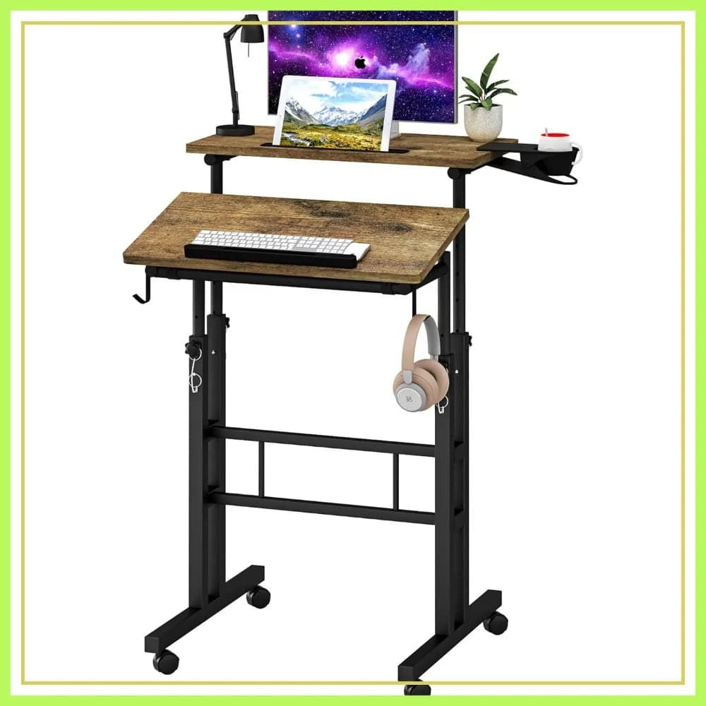 Piccola scrivania regolabile in altezza con portabicchieri, supporto mobile per laptop su ruote, postazione di lavoro ergonomica su ruote per ufficio domestico, tavolino portatile da divano e letto, in rovere