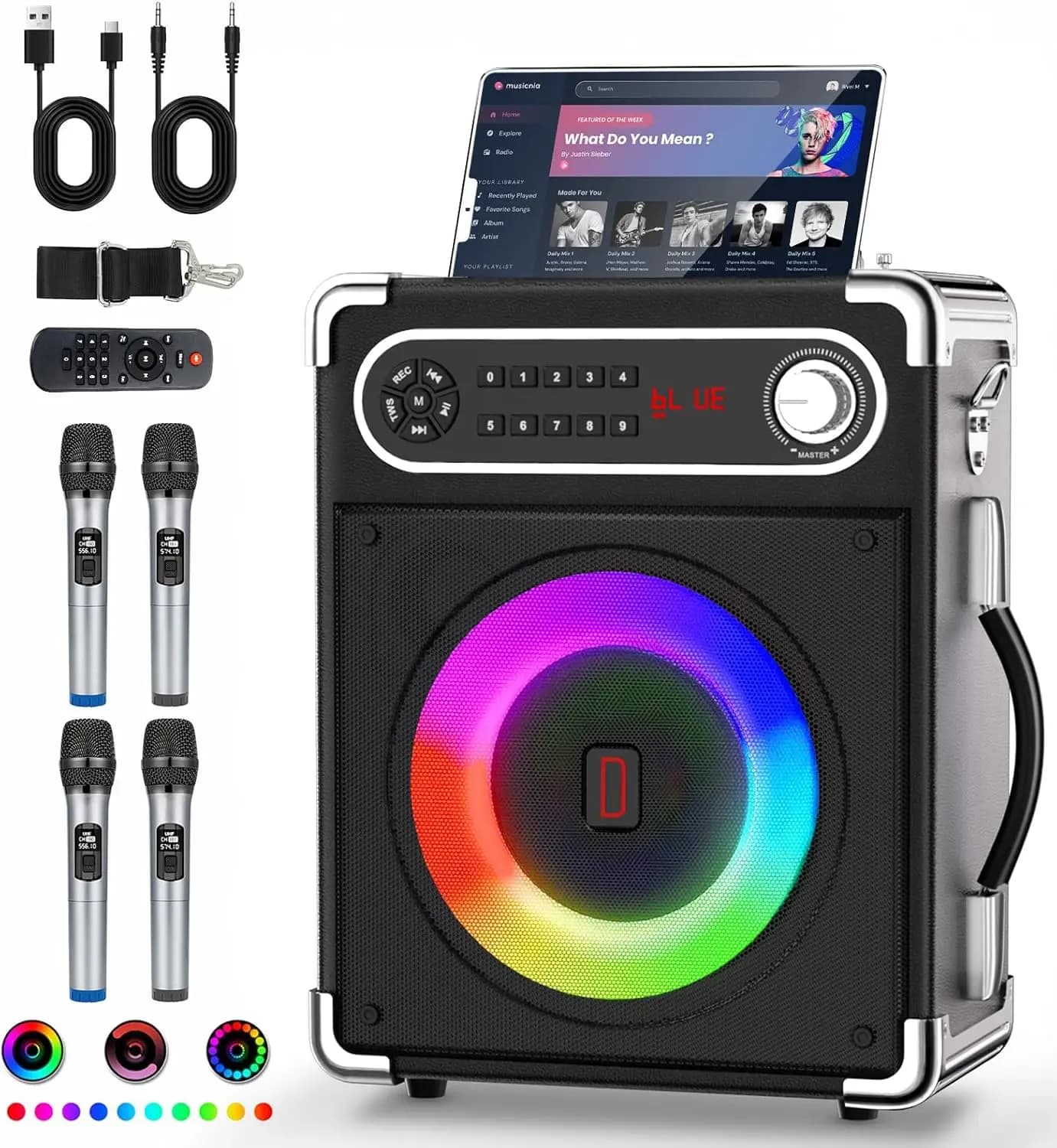 Macchina Karaoke Portatile con 4 Microfoni Wireless, Altoparlante Bluetooth, Luci LED, Controllo Bassi/Alti, FM/AUX/USB/TF per Feste