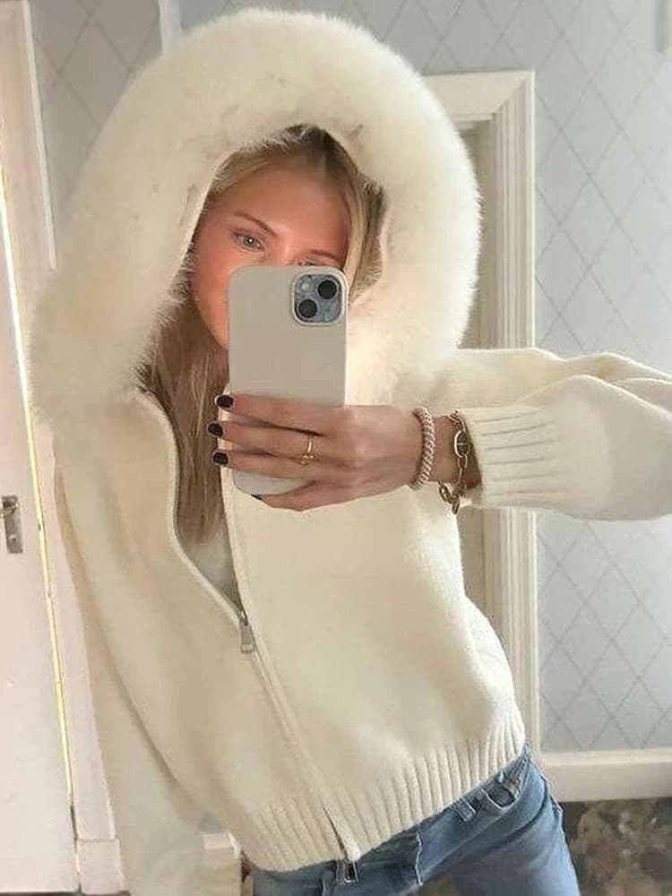 Tuularose maglione invernale femminile con cappuccio cardigan soffice cerniera patchwork manica lunga a costine giacca in maglia solida cappotto cardigan da donna