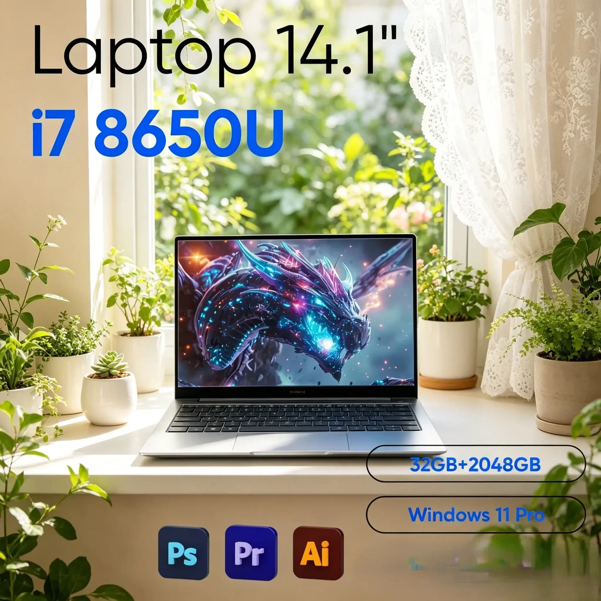 Laptop ultrasottile da 14,1 pollici, alimentato da Intel Core I7‑8650U, con Windows 11 Pro preinstallato, 32 GB di RAM ad alta velocità, 2 TB M.2