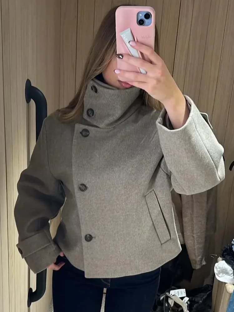 HH Cappotto invernale da donna maniche lunghe tasche laterali giacca corta monopetto con colletto alto giacca per il tempo libero stile street