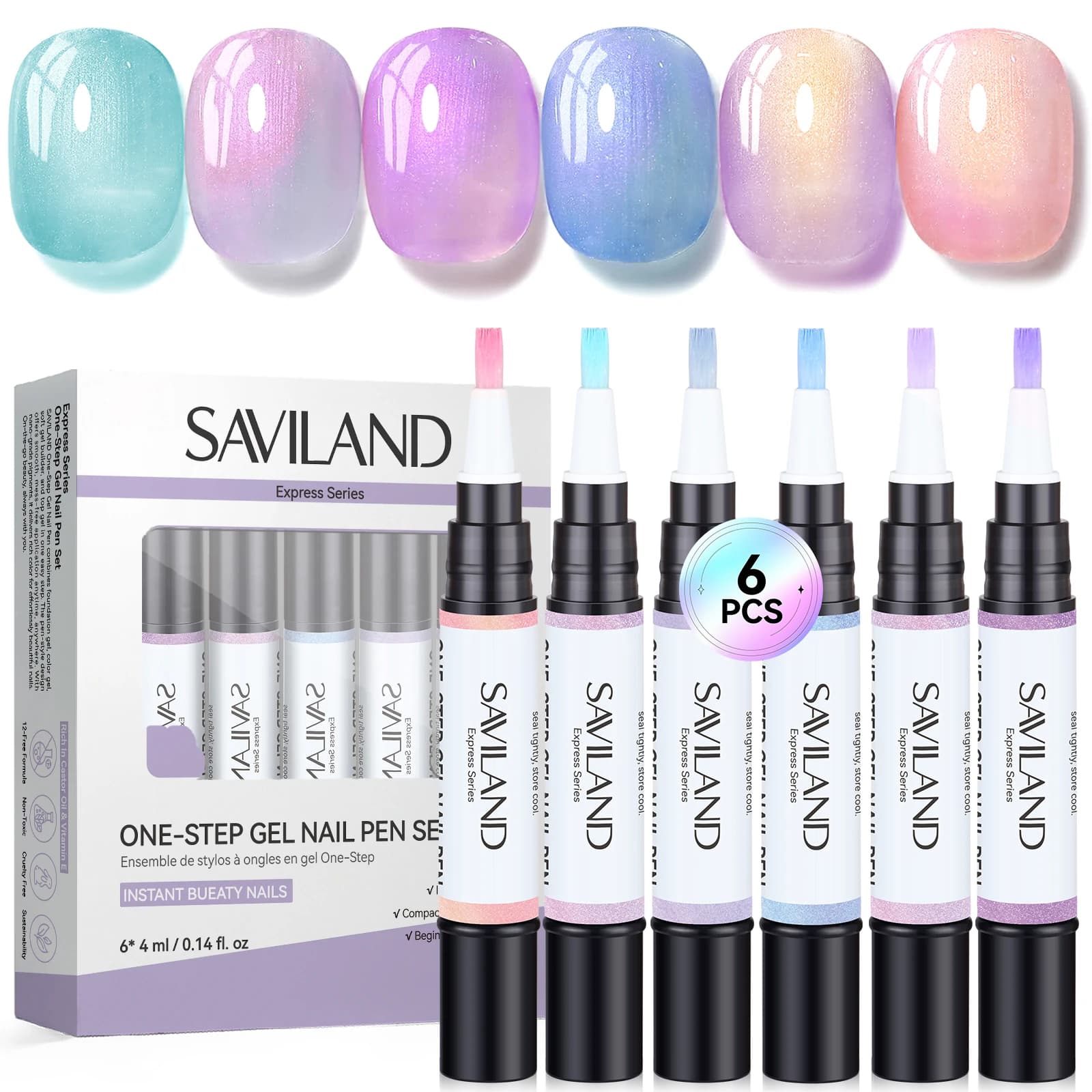 SAVILAND Penne per smalto gel 3 in 1 a 6 colori Pearl Pink Blue Effetto Aurora Penna tutto in uno da 4 ml per un facile utilizzo in viaggio Lampada UV necessaria