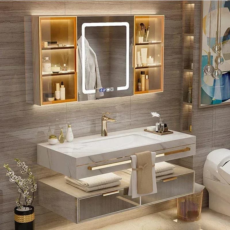 Mobile Bagno Moderno in Ardesia con Specchio Smart, Doppio Lavabo e Mobiletto per Prodotti Skincare