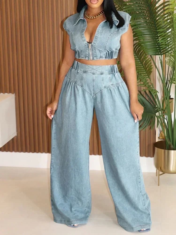 Set di jeans streetwear Completo da donna in 2 pezzi 2025 Jeans con cerniera Colletto rovesciato Top corto e pantaloni larghi a gamba larga Set coordinati