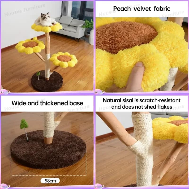 Modern Luxury Classic Sunflower Design Solid Wood 4-Tier Cat Tree with Sisal Scratching Posts Jumping Platforms Condo for