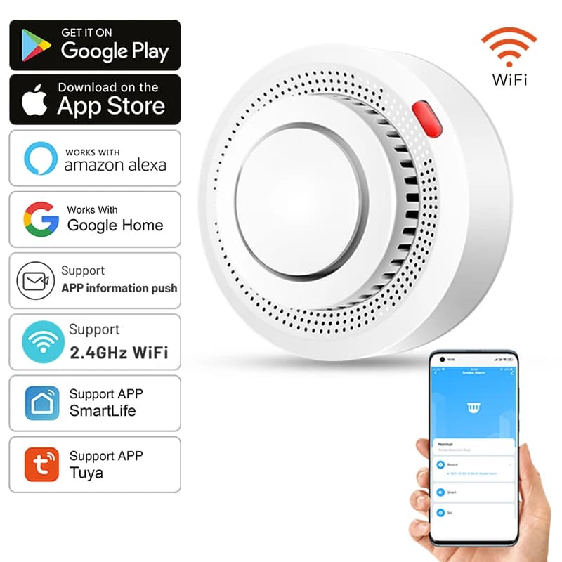 WiFi Tuya Smart Smoke Sensor, Fire Protection Smoke Detector, Alarm 85dB, Security System, Smartlife App Control