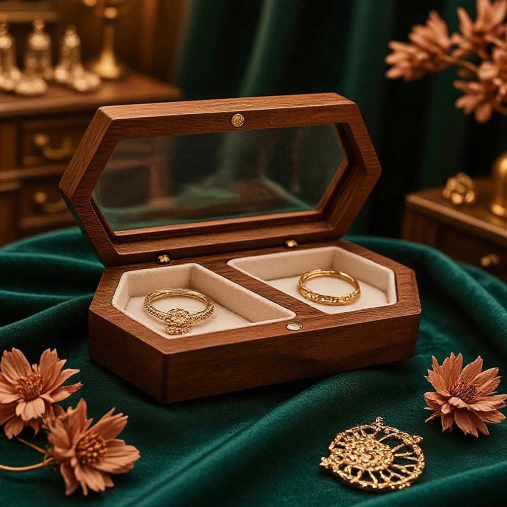 Scatola Portagioie Esagonale Vintage in Legno per Uomo e Donna, Organizer di Lusso Foderato in Velluto, Porta Anelli di Fidanzamento, Regalo per Proposta di Matrimonio