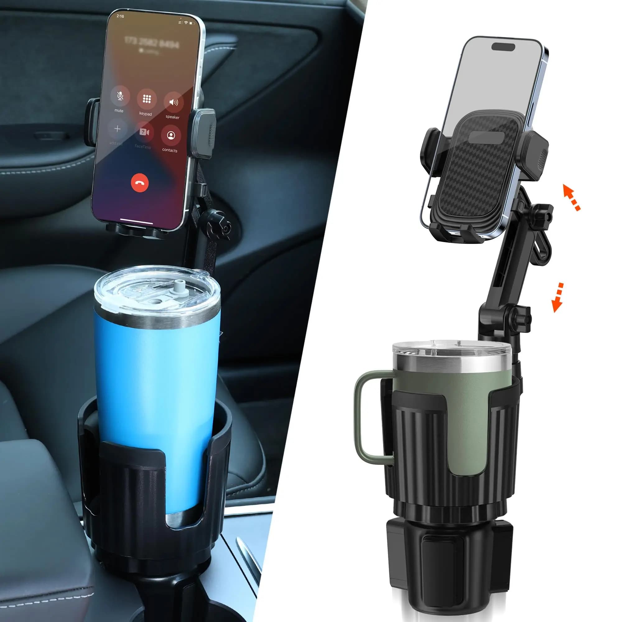2 In 1 Car Cup Holder Phone Mount With Adjustable 360° Flexible Neck For 4-7 Inch Smartphones