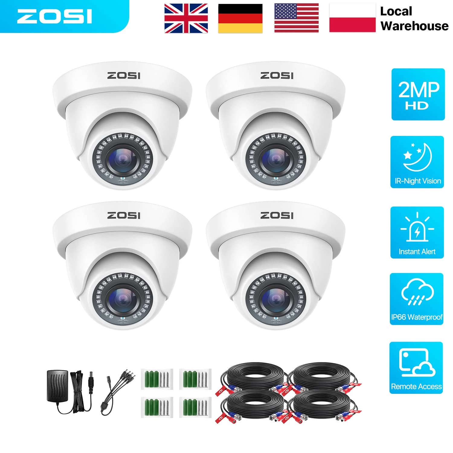 ZOSI Set di 4 Telecamere di Sicurezza Dome HD-TVI 1080P 1920TVL 2MP per Interni ed Esterni, Telecamere CCTV per DVR Analogico TVI