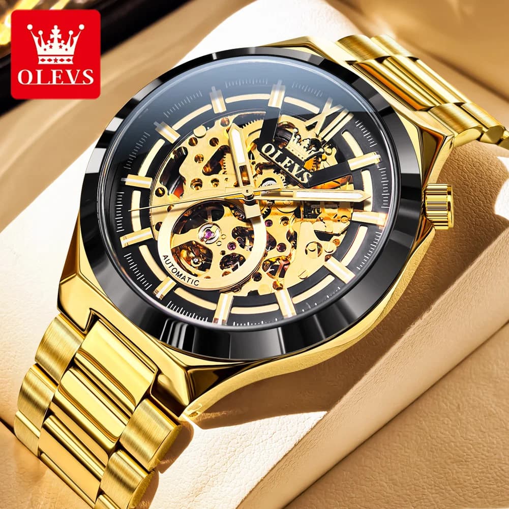 OLEVS 6722 Orologio da Polso alla Moda per Uomo, in Acciaio Inossidabile, Impermeabile, Lussuoso Orologio Meccanico Scheletrato da Uomo per Affari, Nuovo