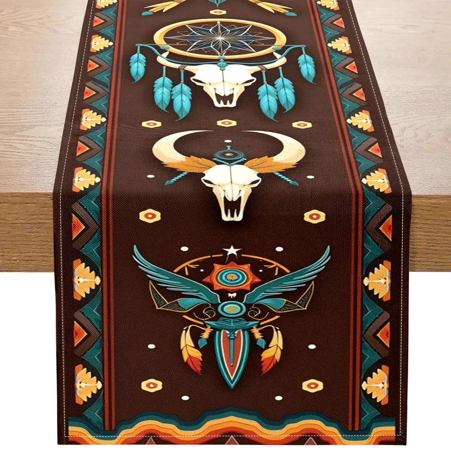 1 Piece of Indian Tribal Style Table Runner, Table Runner with Cow Skull, Dreamcatcher, Totem and Other Patterns, Suitable for Bohemian Style Home Dining Table, Tribal Culture Theme Party, Folk Art Exhibition Layout, Exotic Cafe, Retro Bar Decoration, Handicraft Store Display, Camping Style Theme Activity, Ethnic Style B&B Guest Room