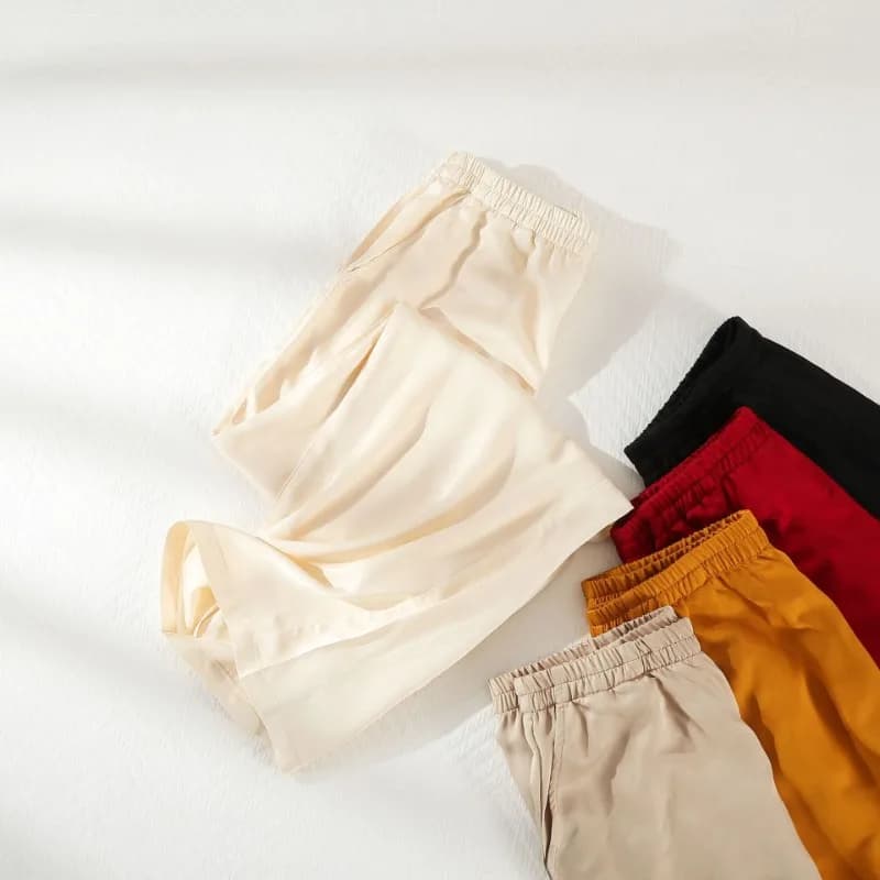 2025 Satin Casualwomen's Pajama Pants Spring Autumn Thin Solid Color Loungewear Straight-leg Pants Elastic Waist Sleep Bottoms