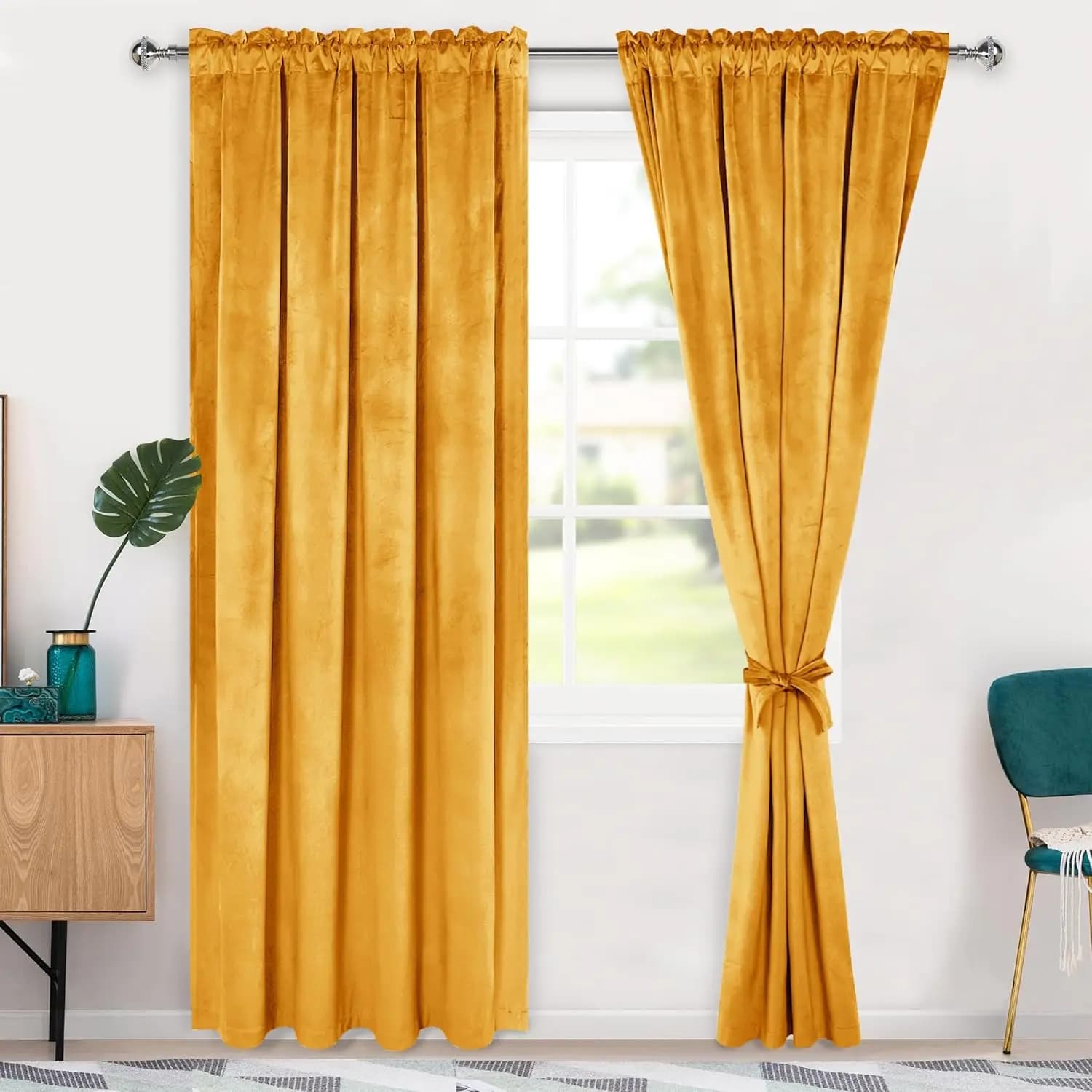 Heat-insulating curtains in velvet 52W x 84L gold per bedroom and living room with curtains