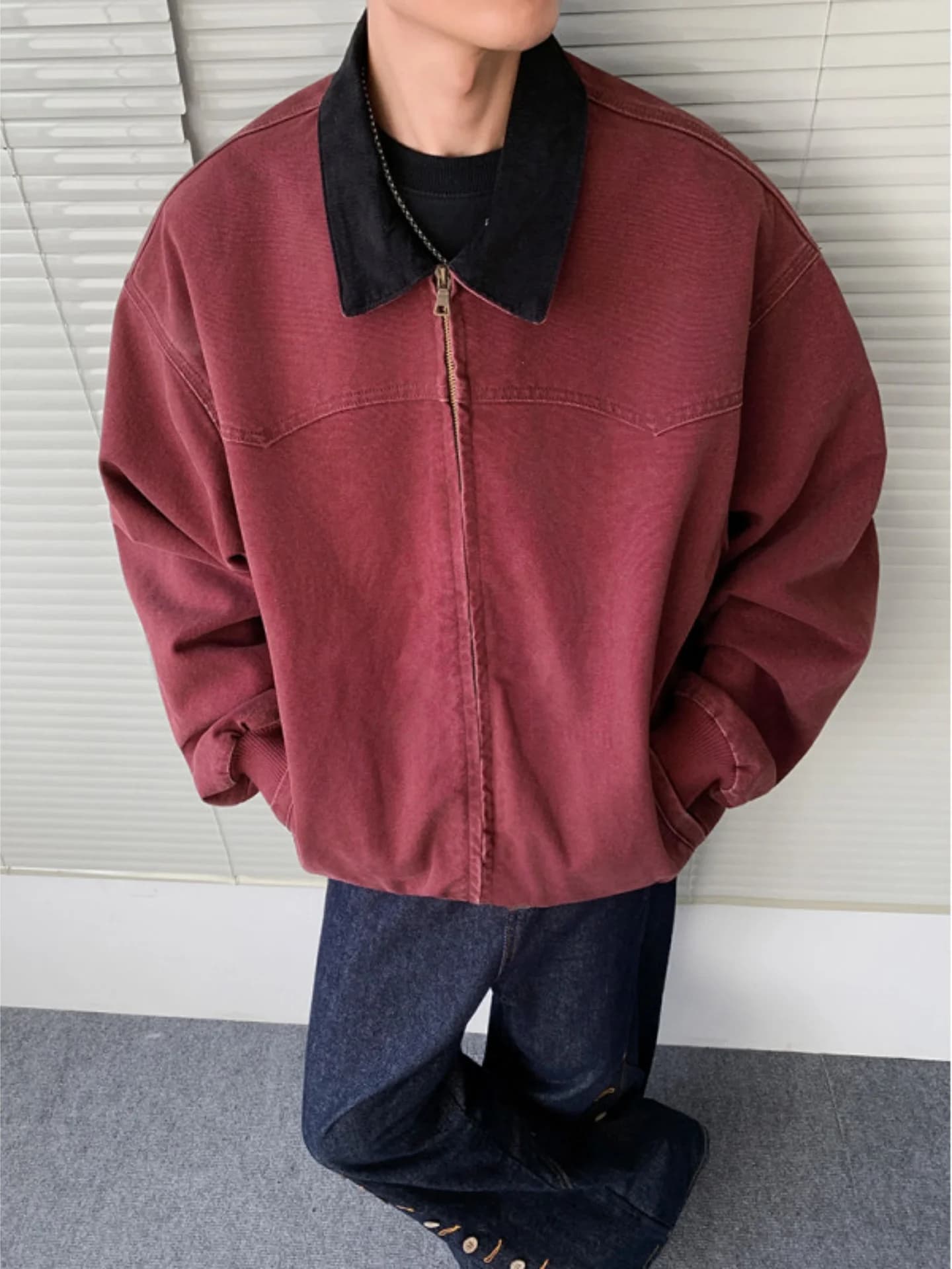 Thickened Lamb Fur Men's Cotton Jacket Winter Warm Washed Canvas Wine Red Color Casual Loose Fit Long Sleeve Coat with Pockets