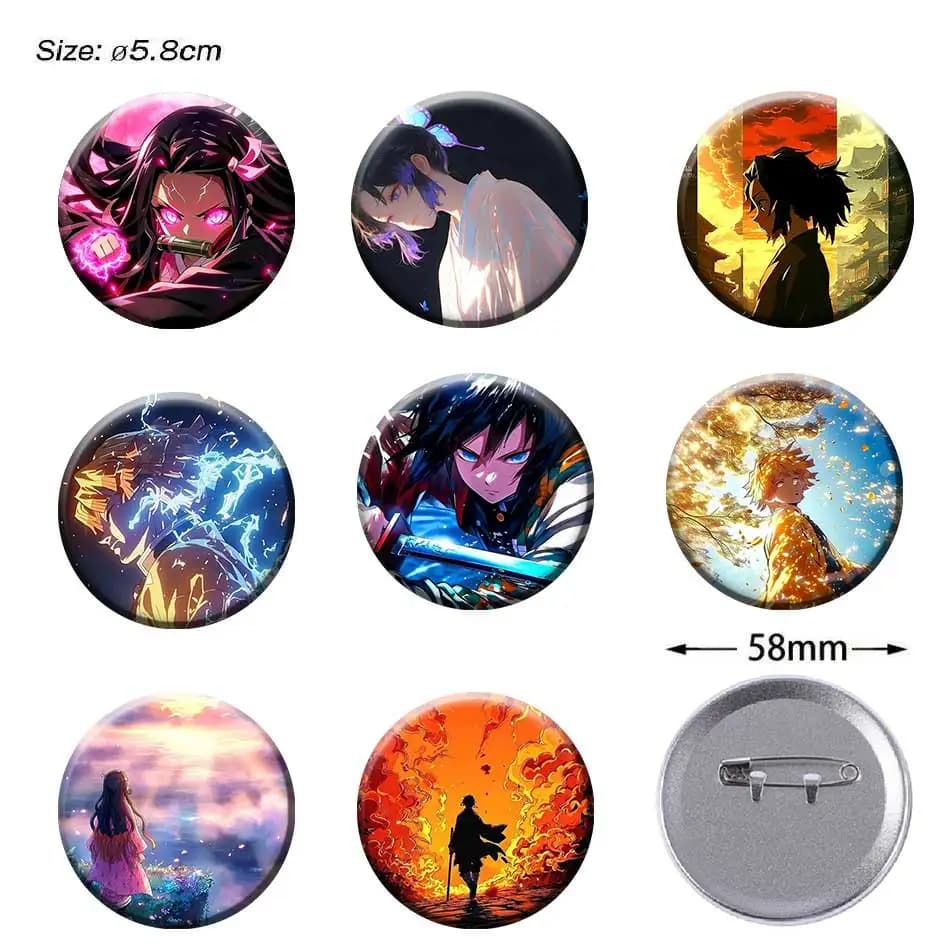 Spille rotonde Demon Slayer da 58 mm, distintivi creativi per vestiti, cappelli, zaini, cosplay, decorazioni, accessori anime, giocattolo, regalo