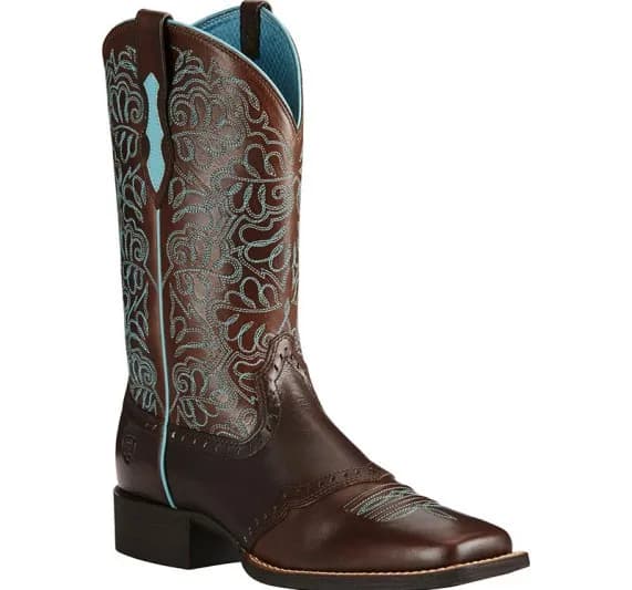 Stivali da cowboy da uomo in pelle marrone con motivo turchese ricamato punta quadrata tacco basso calzature occidentali per casual paese all'aperto