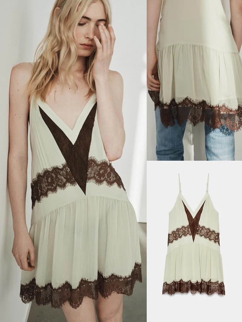 Summer Women's Short Lace Dress Adjustable Fine Strap V-Neck Color Block High Waist Cotton Polyester Breathable Casual Urban ...