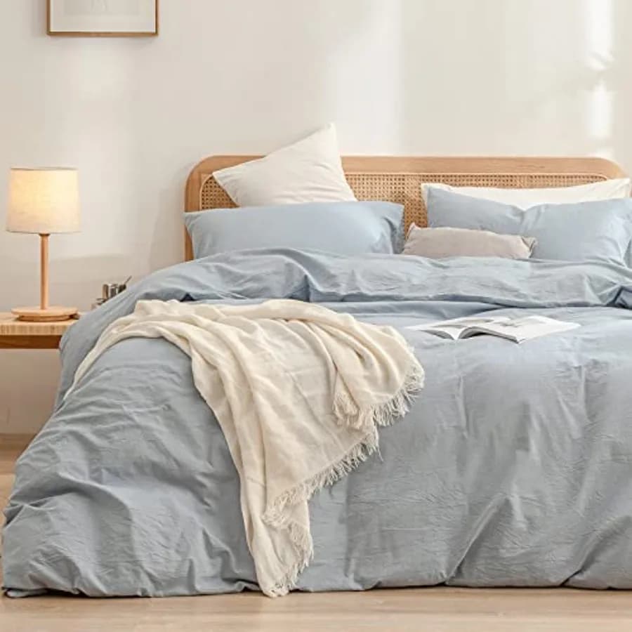 Set Copripiumino 100% Cotone Lavato Effetto Lino Super Morbido Confortevole Chic Leggero 3 Pezzi Set Biancheria da Letto Blu Fiordaliso