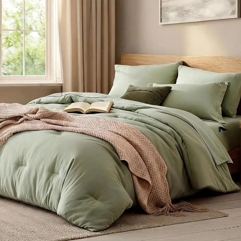 Comfort Queen Set - 7 Pieces Green Sauce, Set Bed in a Queen Bag with Sheet with Corners, Flat Bed Sheet, 2 Loyalty and 2 Covers
