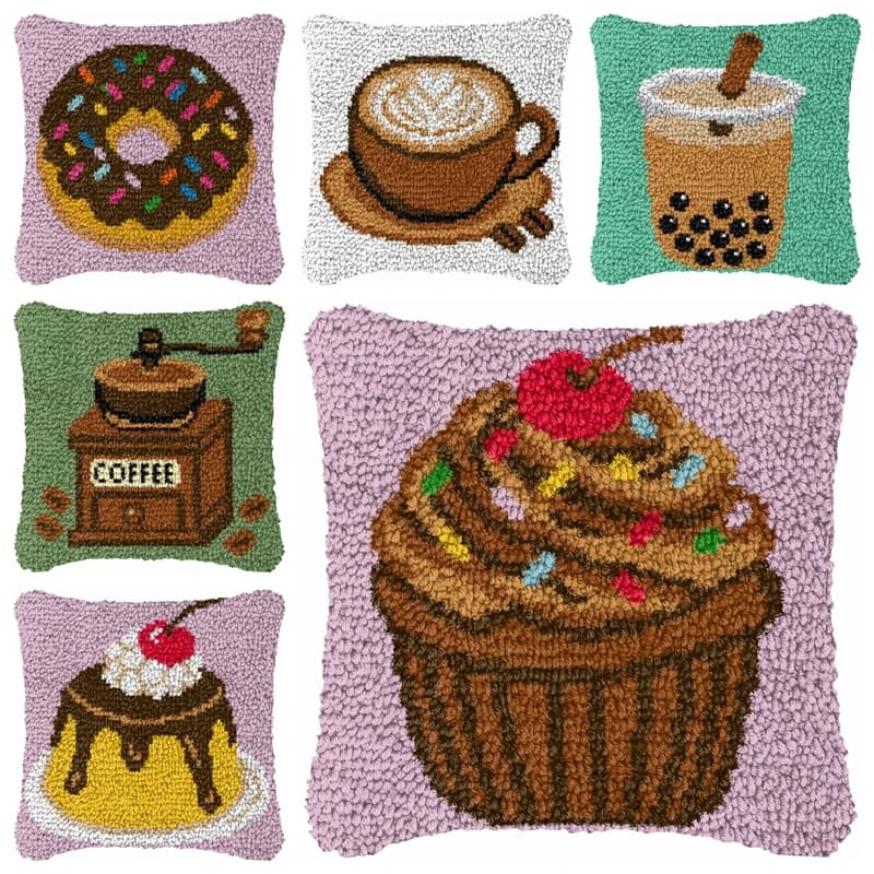 Cartoon Food Smyrna Latch Hook Pillow Carpet Embroidery DIY Coffee Cake Cushion Button Package Kit for Home Sofa Bedroom
