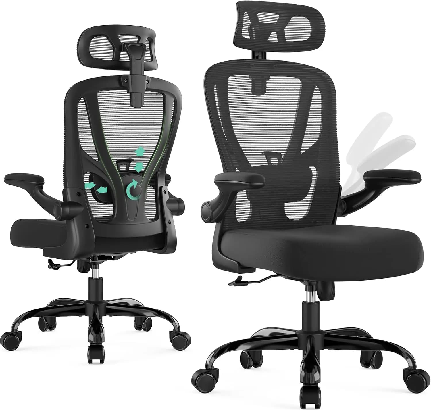Sedia da ufficio con schienale alto in rete, supporto lombare e poggiatesta, sedia da scrivania ergonomica con braccioli ribaltabili, nera