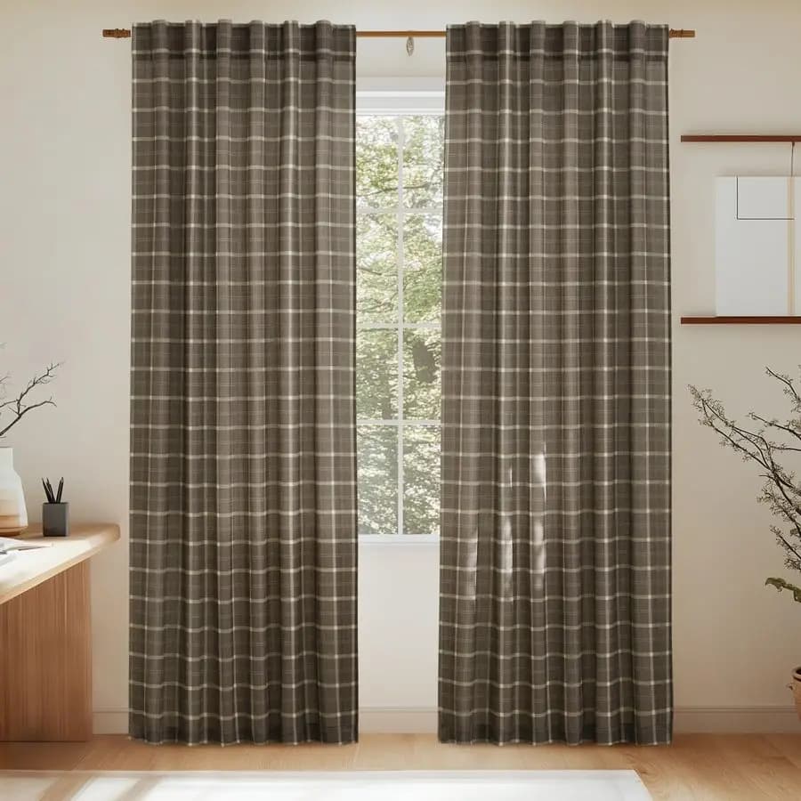 Linen Curtains with Square Printing, Lengths 244 cm, Semi-transparent Curtains Filtrant Rustic Style for Living Room and Bedroom, with Auction Pocket
