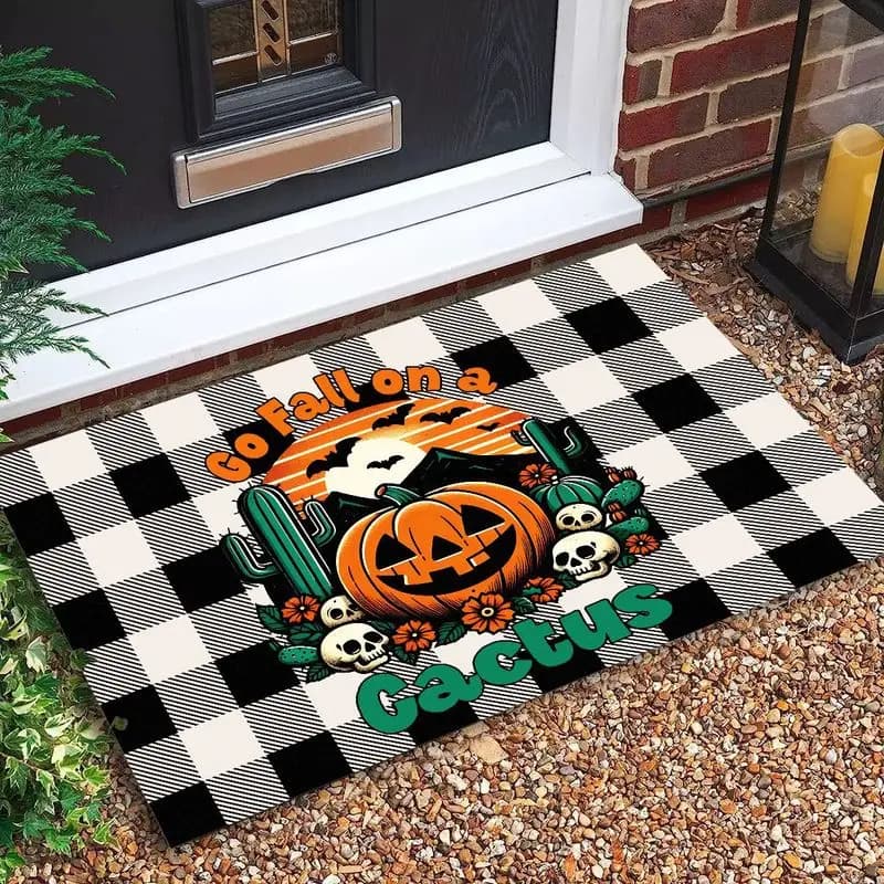 VIKAMA Black and White Buffalo Grid Pattern Autumn Pumpkin Skeleton Bat Door Mat Entrance Bath Entrance Home Carpet Home Decor