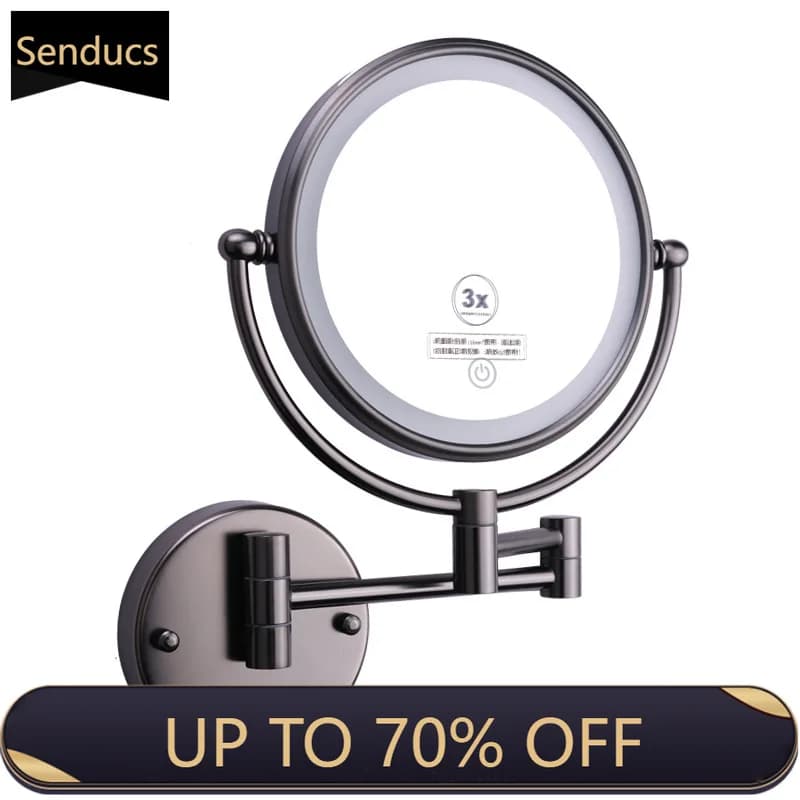 Accessori per specchi da bagno a LED pieghevoli Touch grigio con specchio per trucco ingranditore 5X Specchi da bagno rotondi a parete con luce a LED