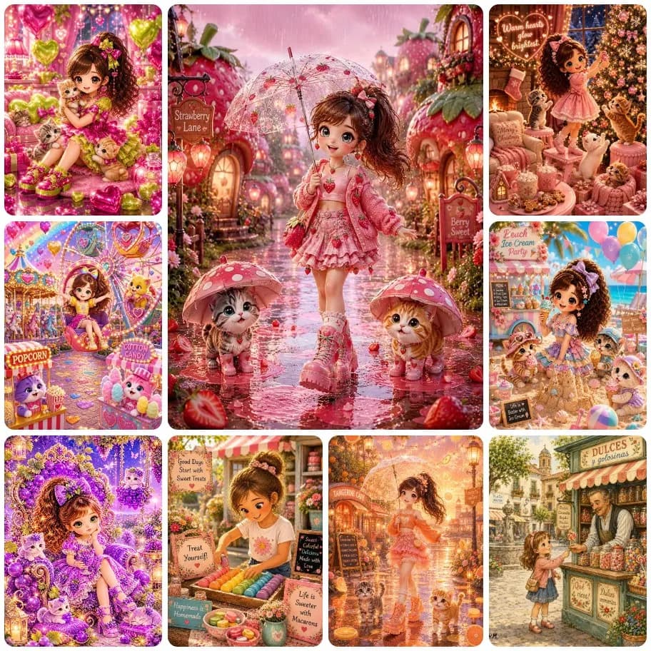 Sweet Pastel Doll Kitten Fairy Diamond Painting, Town Carnival Candy Shop Landscape Scenery for Living Room Decor & Gift