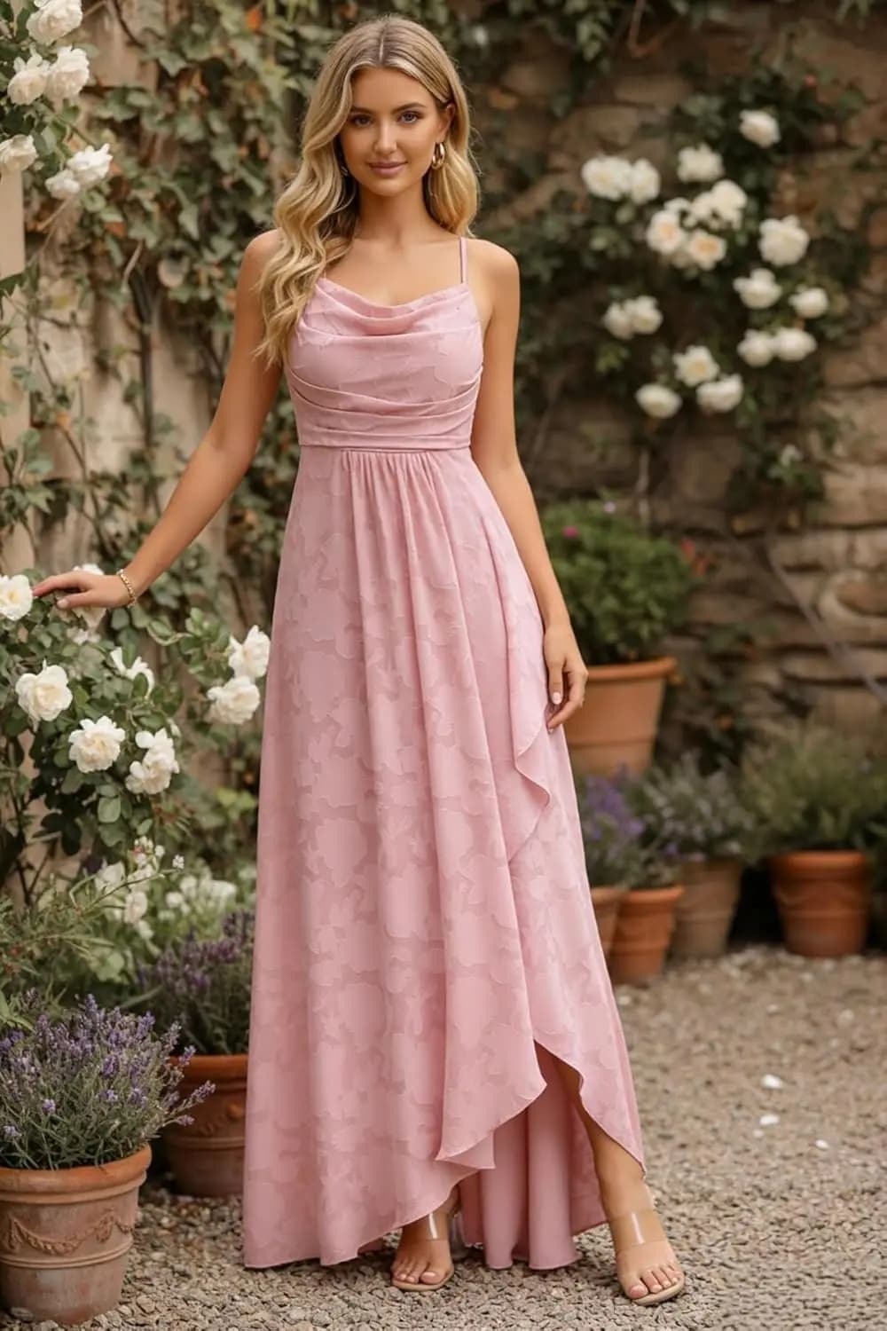 Floral Long Bridesmaid Dresses Spaghetti Strap A Line Ruffles Formal Prom Gown with Slit Elegant Dress Women for Wedding Party