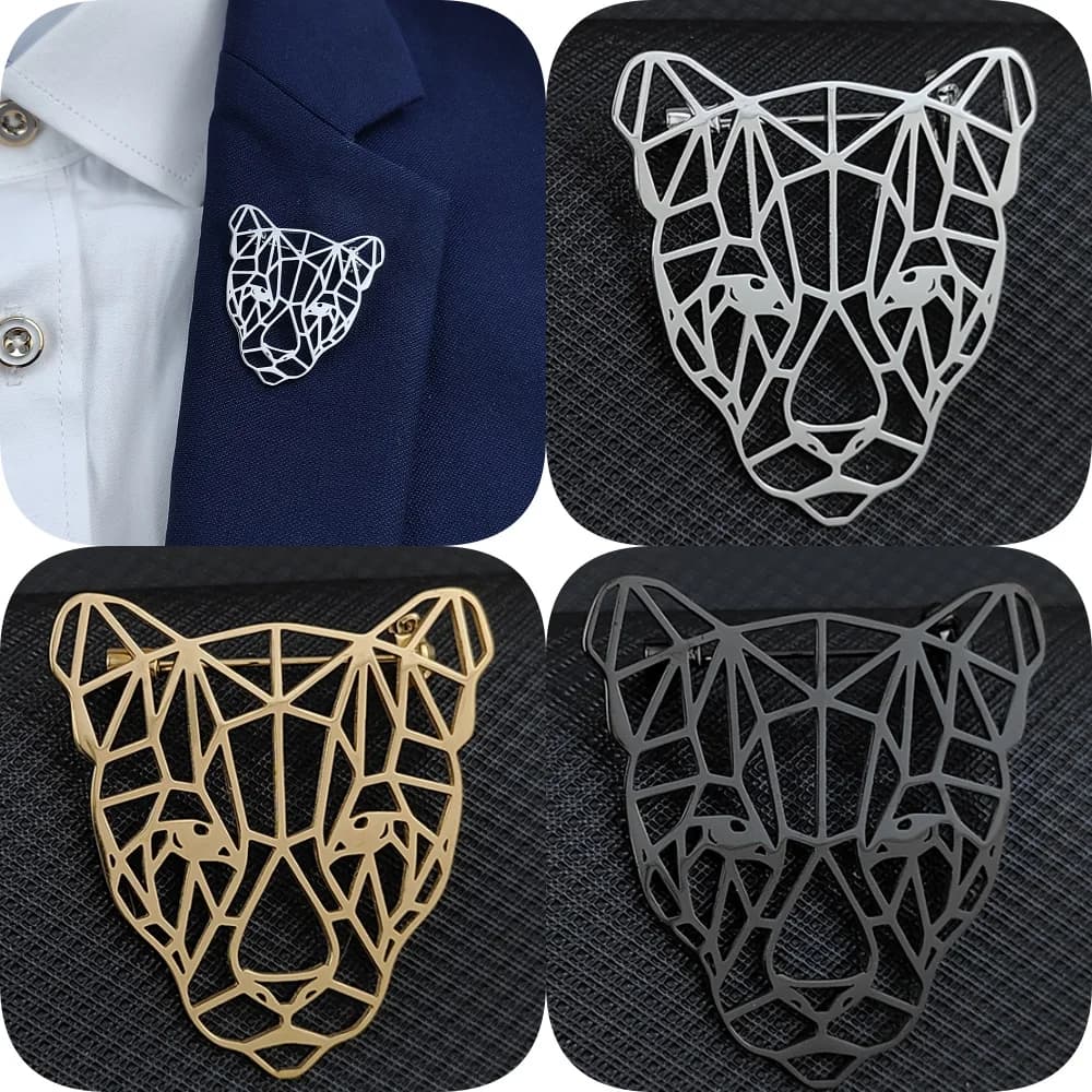 Nuova spilla placcata in oro in acciaio inossidabile cavo con testa di leopardo animale, spilla da uomo nera, set di badge per abito in argento