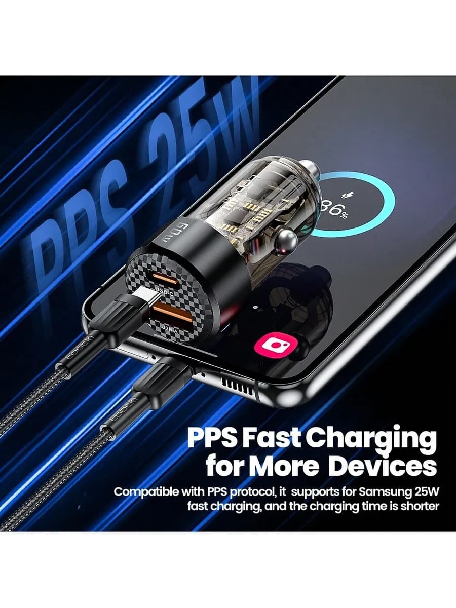 Caricabatterie da auto USB C trasparente con PD QC 3.0, ricarica rapida 60W per iPhone e Android