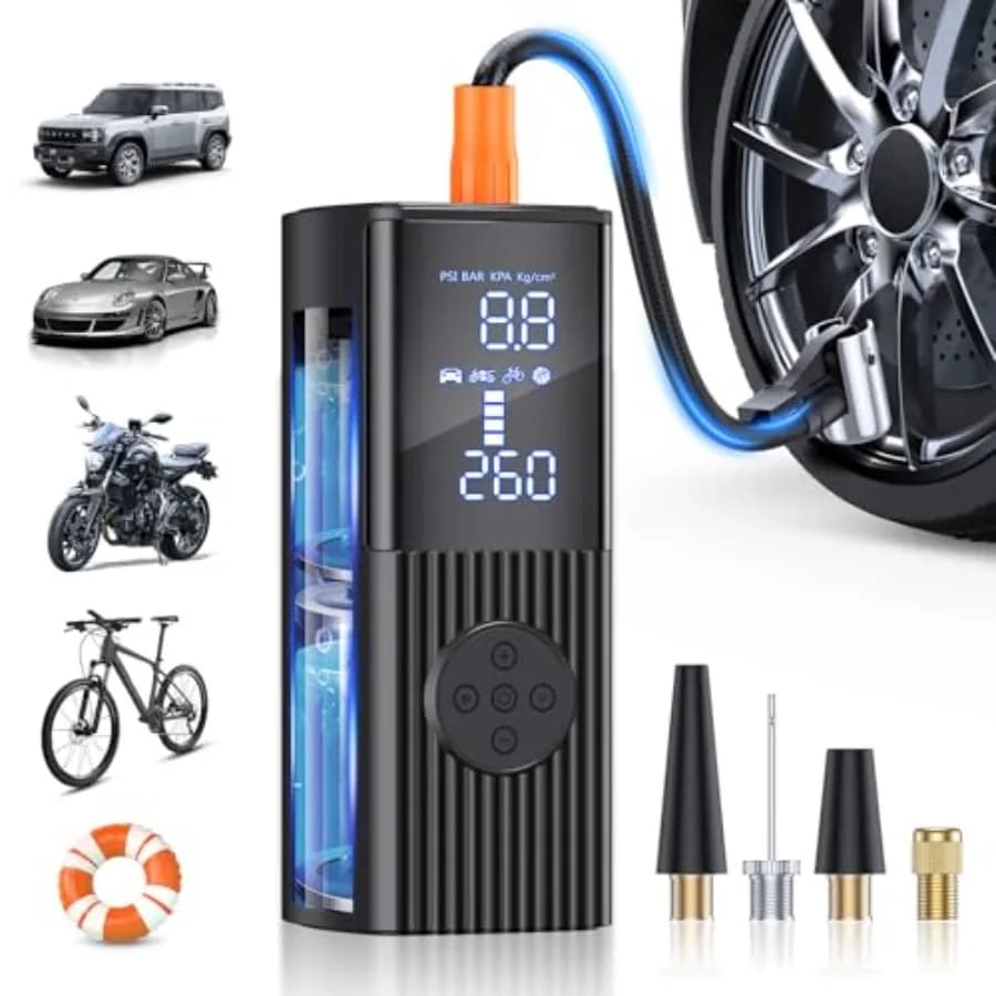 Curated Picks Tire Inflator Portable Air Compressor, 80PSI Cordless Air Pump with Digital Gauge, LED Light, 3X Faster Air Compr