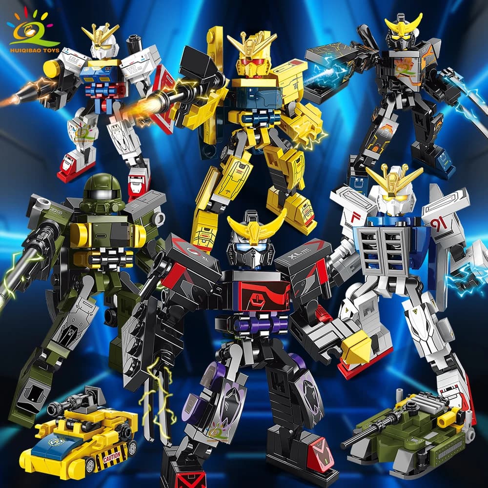 HUIQIBAO Transforming Robot Building Blocks Set 2 in 1 Mecha Robot & Vehicle Model DIY Kids Educational Construction Bricks Toys