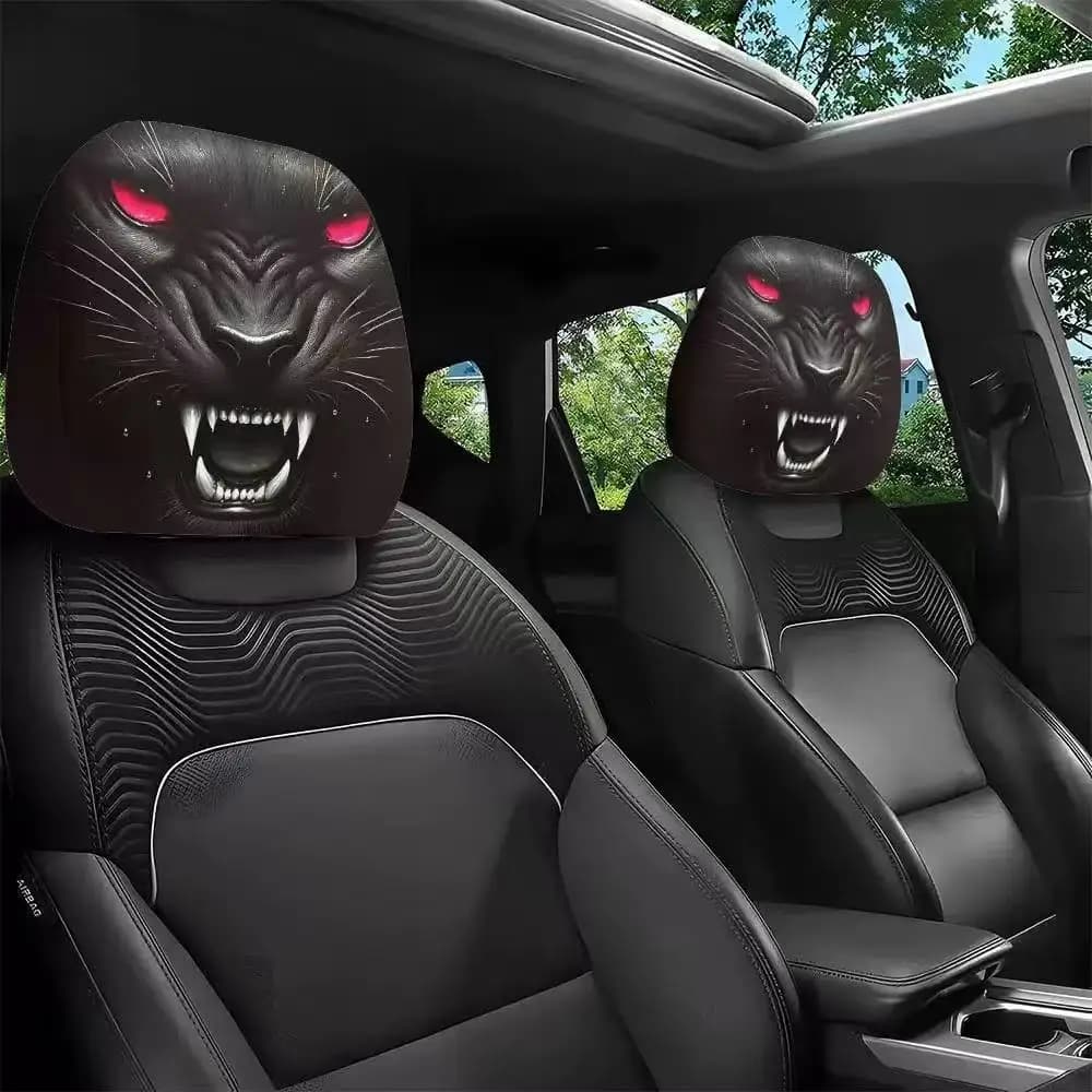 2 pieces Covers headrest for front-back car, black skull, funny, stain resistant, oil resistant, elastic travel decoration